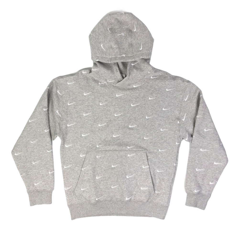 Nike All Over Swoosh Hoodie Logo Hoodie Grey Heather White CJ8907 050 Size Large